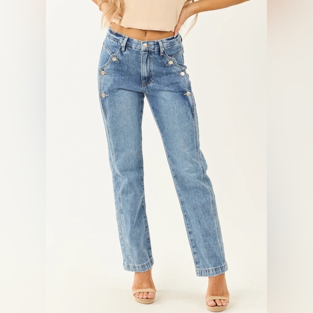 NWT Saige Denim Button Detail Side Panel Tummy Control Straight Leg Denim Jeans - Picture 10 of 11